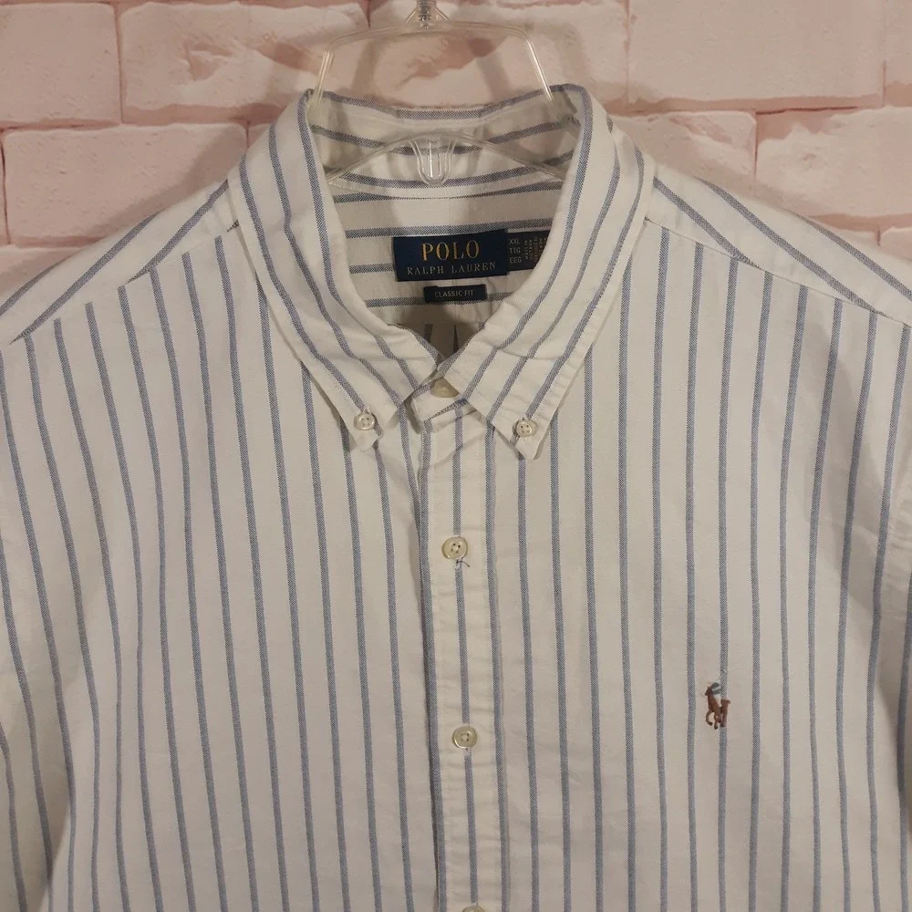 Polo Ralph Lauren Shirt Mens 2XL Classic Fit Cotton White Striped Short Sleeve